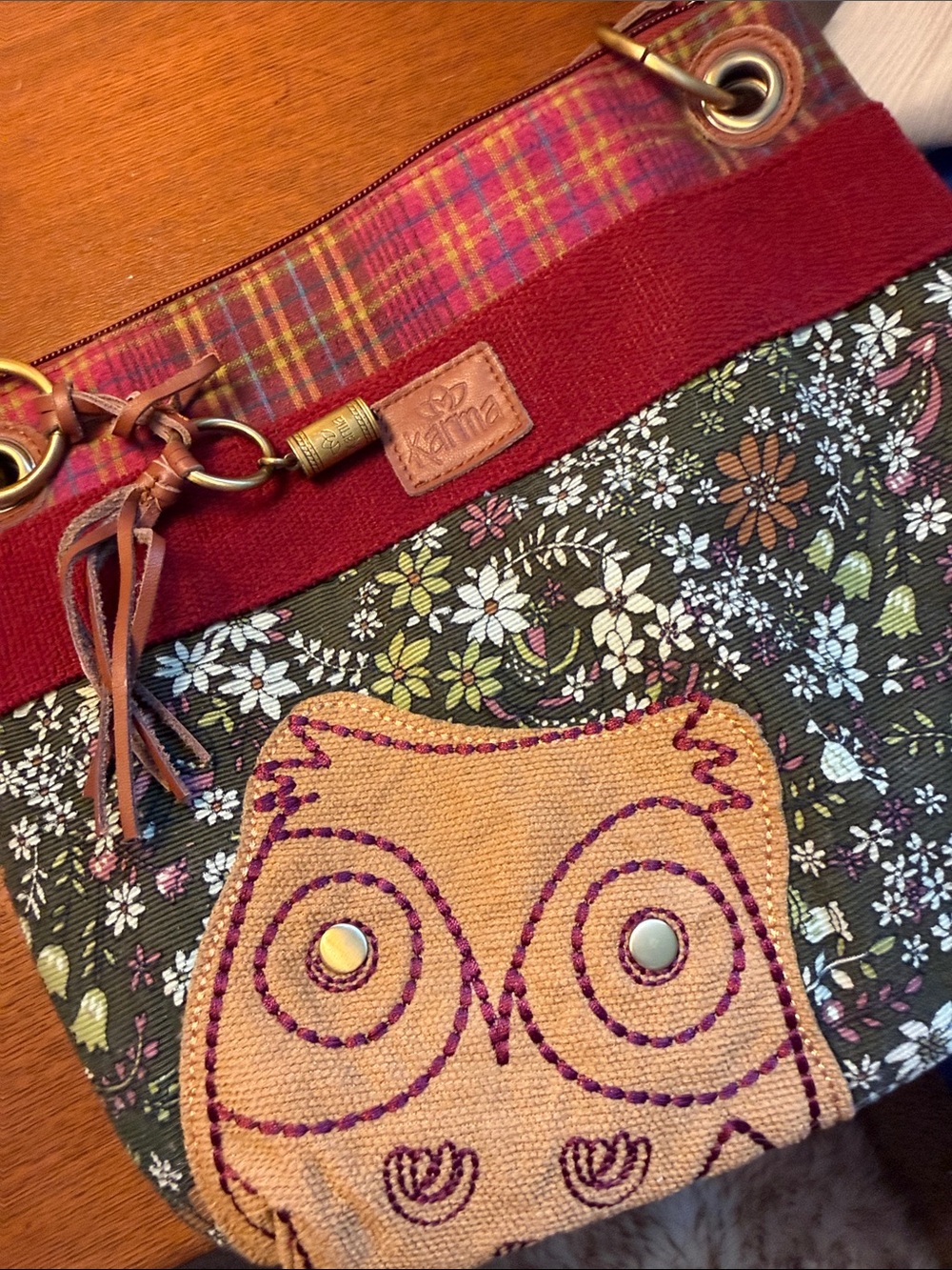 Karma Floral Owl Shoulder Bag in Olive Green, Red and Tan